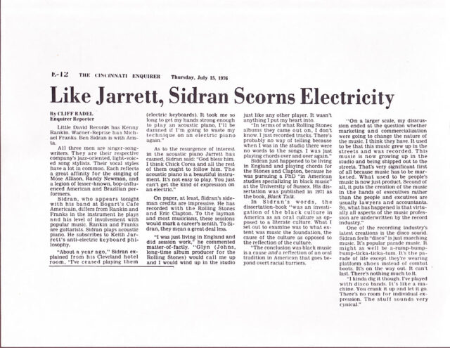 Like Jarrett, Sidran Scorns Electricity - Review