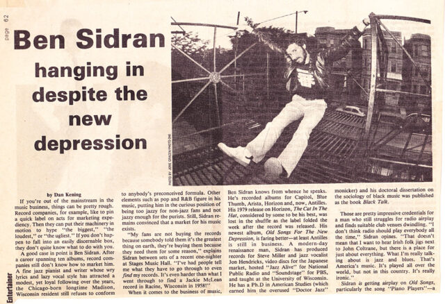 Ben Sidran Hanging In Despite the New Depression - Review