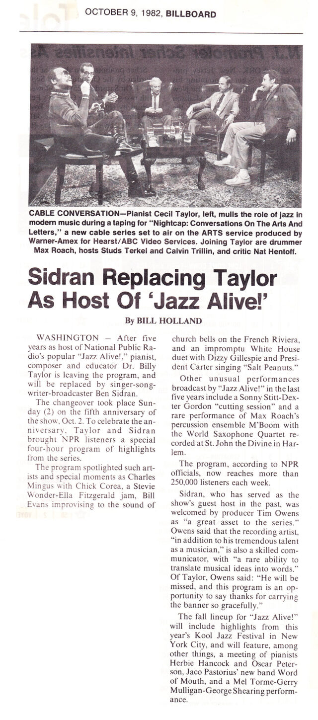 Sidran Replacing Taylor as Host of 'Jazz Alive’ - Review