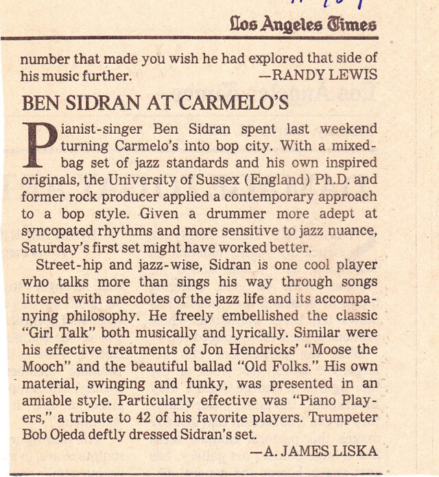 Ben Sidran at Carmello’s - Review