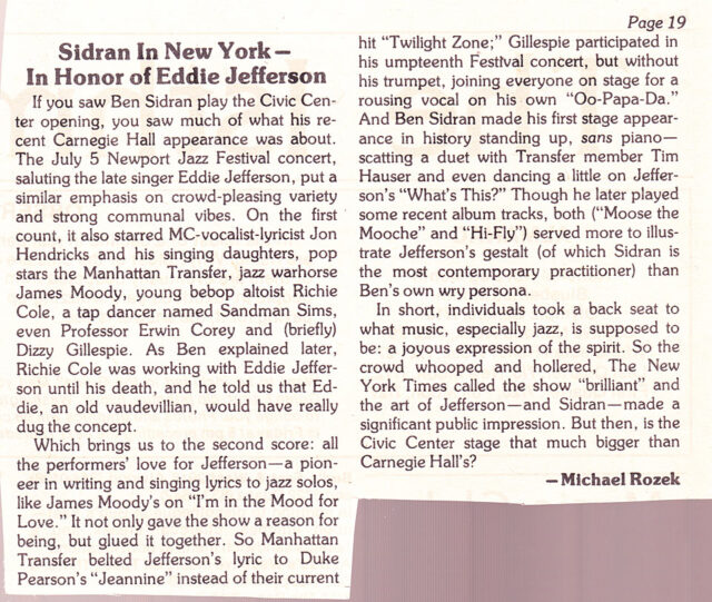 Sidran in New York in Honor of Eddie Jefferson - Review