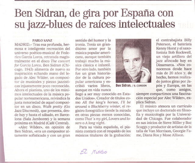 Ben Sidran de gira por Espana&#8230; - Review